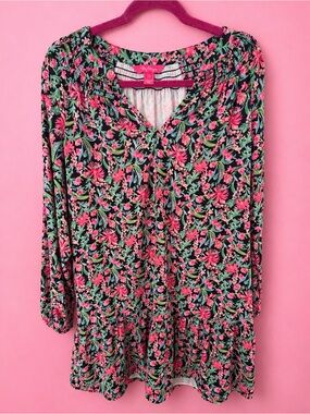 Lilly Pulitzer Black Floral Tunic Dress with Pink and Green Print